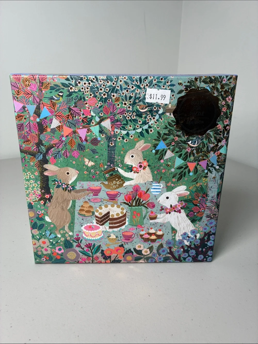 Bunny Tea Party Kids Puzzle - Floral Green Illustration